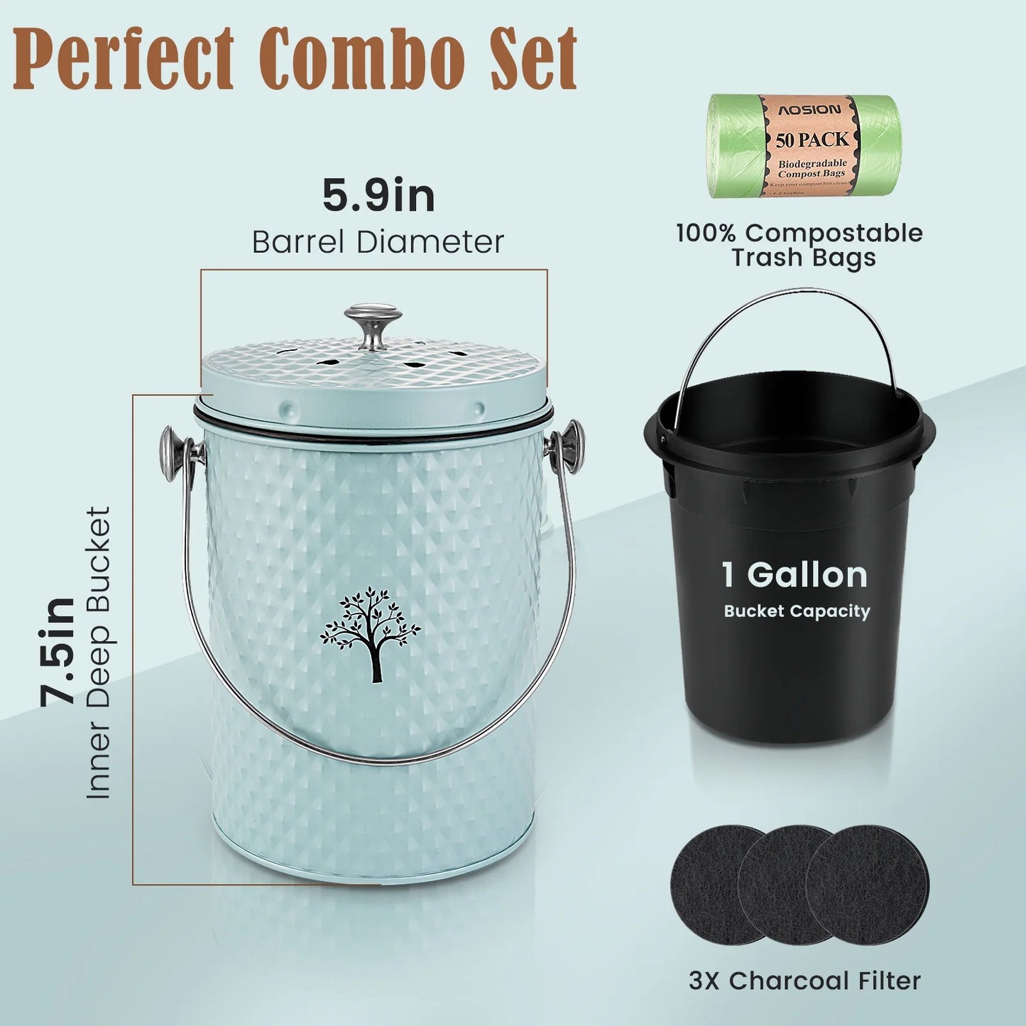 Countertop Compost Bin Kitchen,Odor Resistant Indoor Compost Bin with Lid and Compost Bags,Compost Bucket Composter Container for Food Waste,Blue