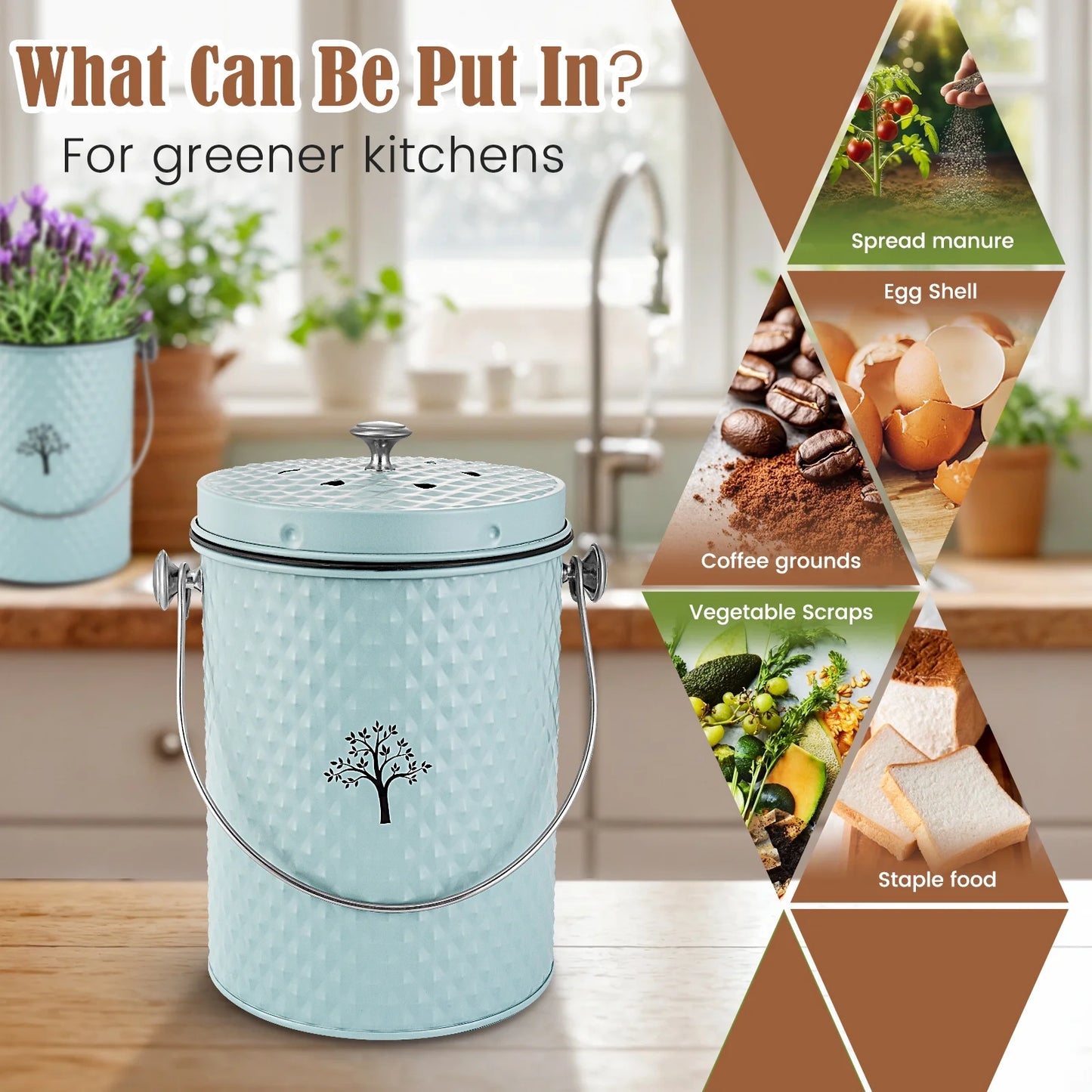 Countertop Compost Bin Kitchen,Odor Resistant Indoor Compost Bin with Lid and Compost Bags,Compost Bucket Composter Container for Food Waste,Blue