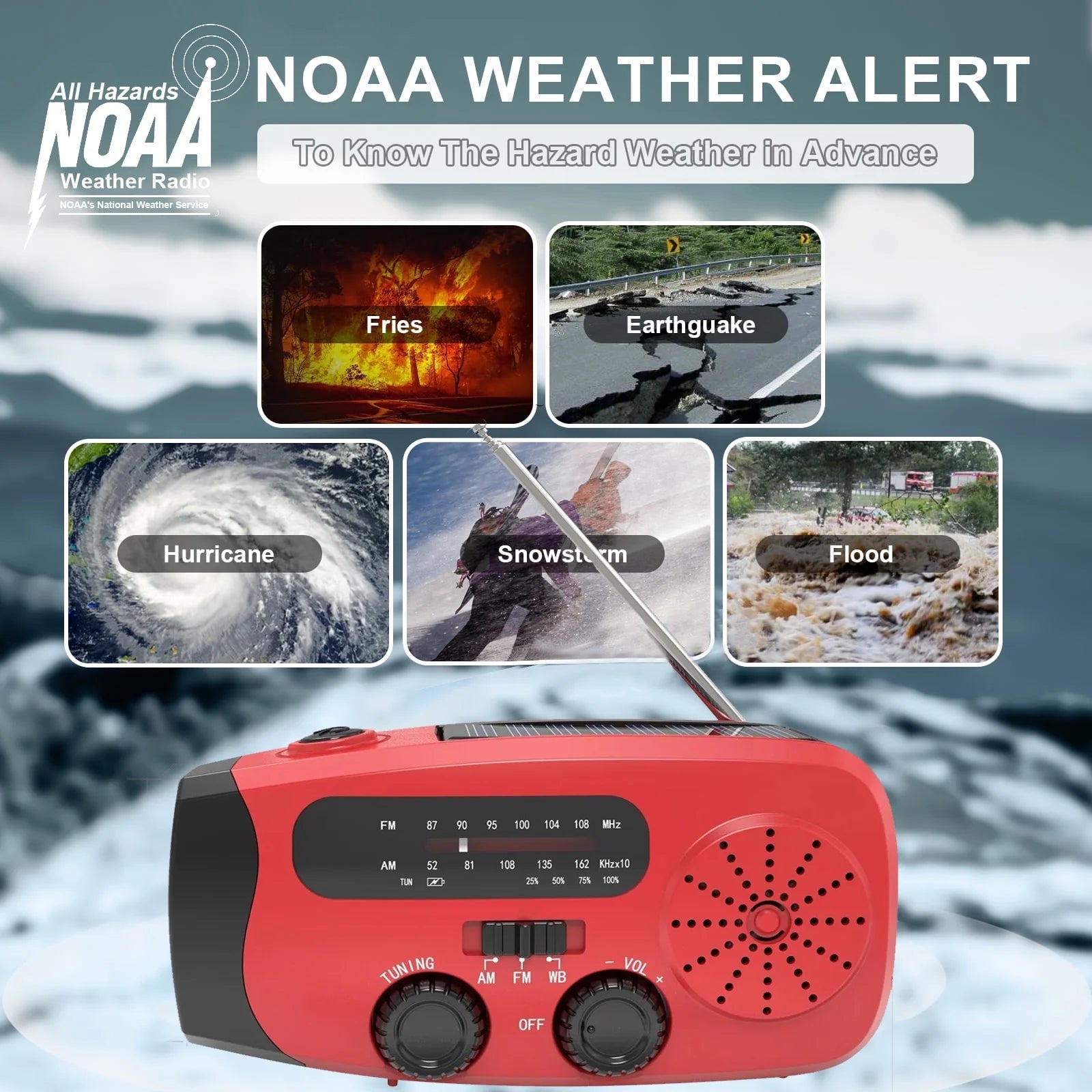 Solar Hand Crank Emergency Radio,  Portable NOAA Weather Radio with AM/FM/WB, 3 LED Flashlight, Power Bank USB Charger, SOS Alarm, Water-Resistant Outdoor Household Emergency Device, Red