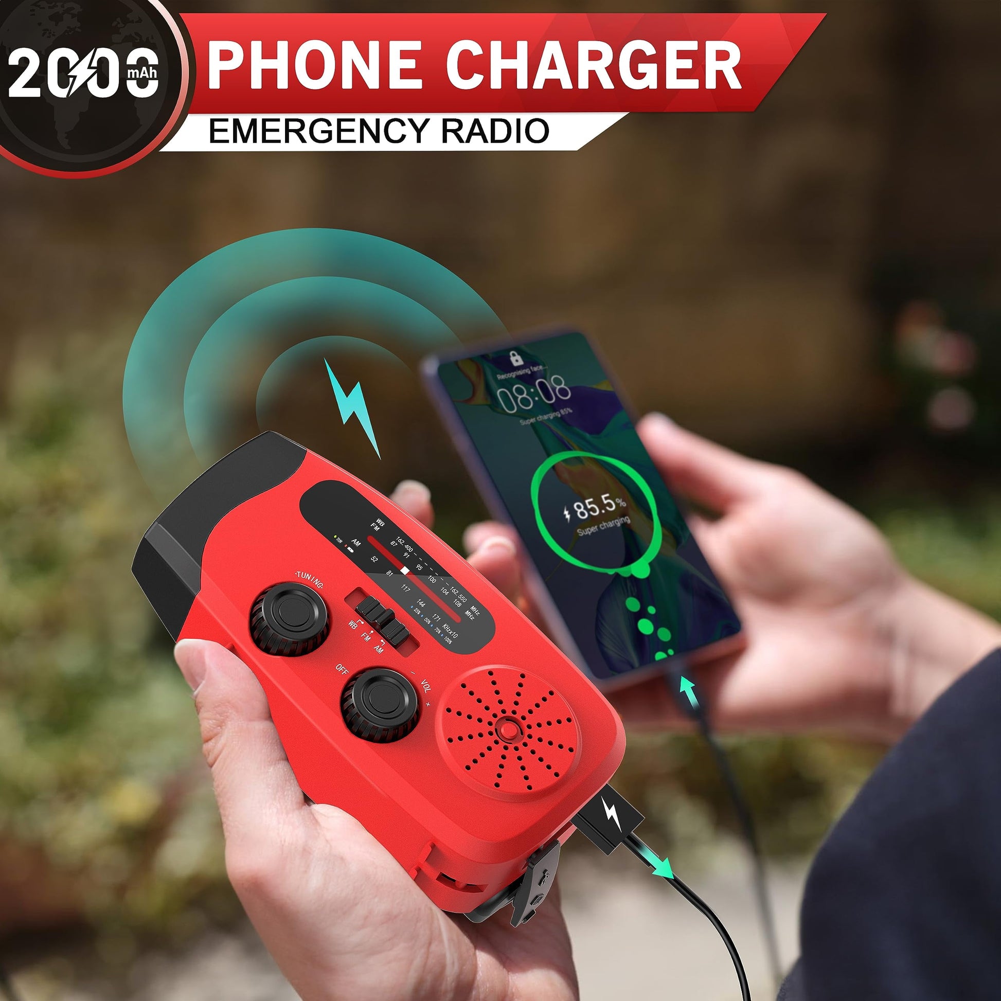 Solar Hand Crank Emergency Radio,  Portable NOAA Weather Radio with AM/FM/WB, 3 LED Flashlight, Power Bank USB Charger, SOS Alarm, Water-Resistant Outdoor Household Emergency Device, Red