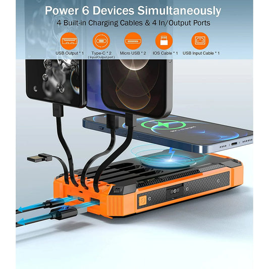 36000Mah Solar Charger Power Bank 15W Fast Charging with 4 Cables & Wireless Charging, USB Battery Pack Solar Phone Charger Compatible for Iphone & Android