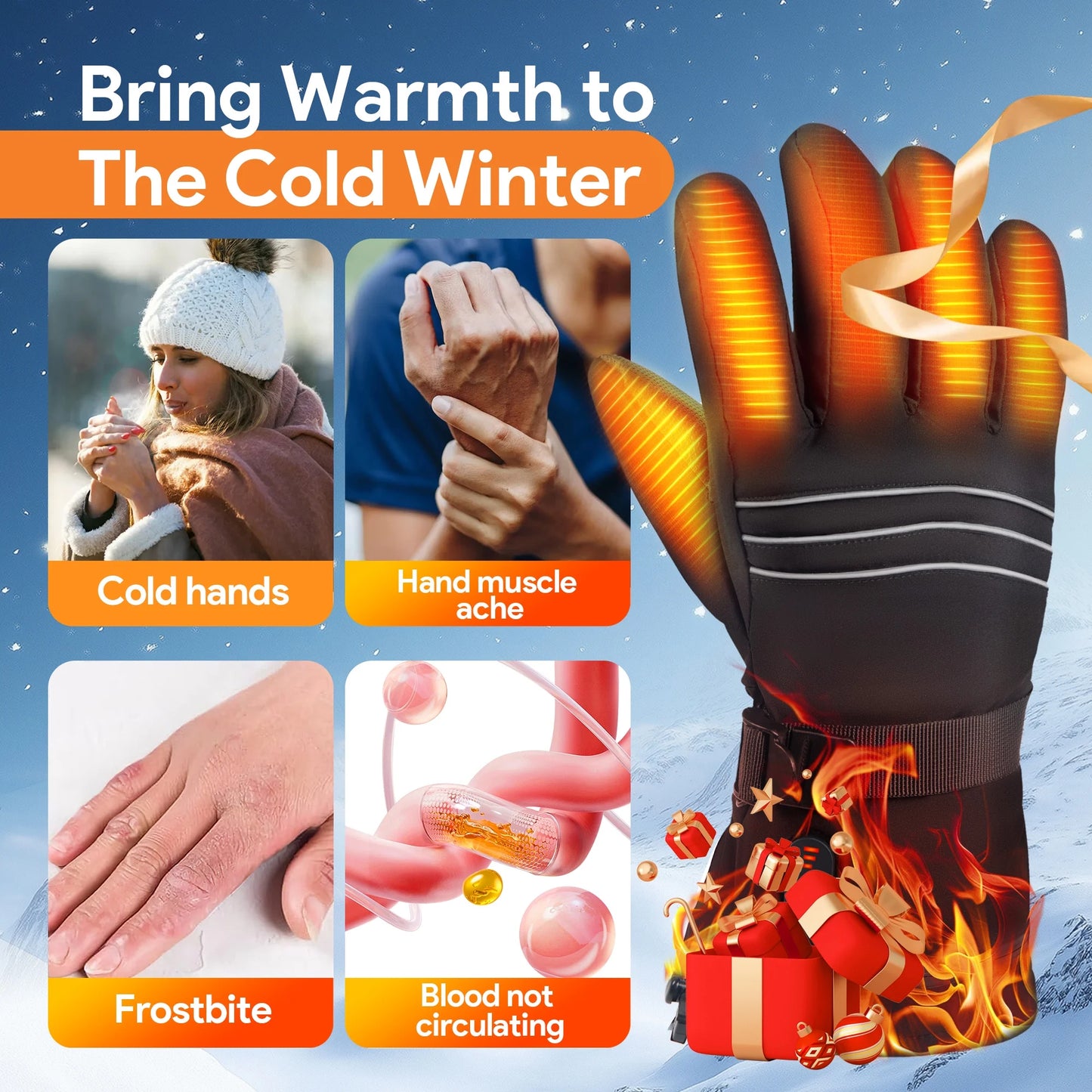 Heated Gloves for Men Women, 3000Mah Rechargeable Electric Battery Heated Gloves, Waterproof Touchscreen Hand Warmer Winter Gloves for Motorcycle, Hunting, Cycling, Black
