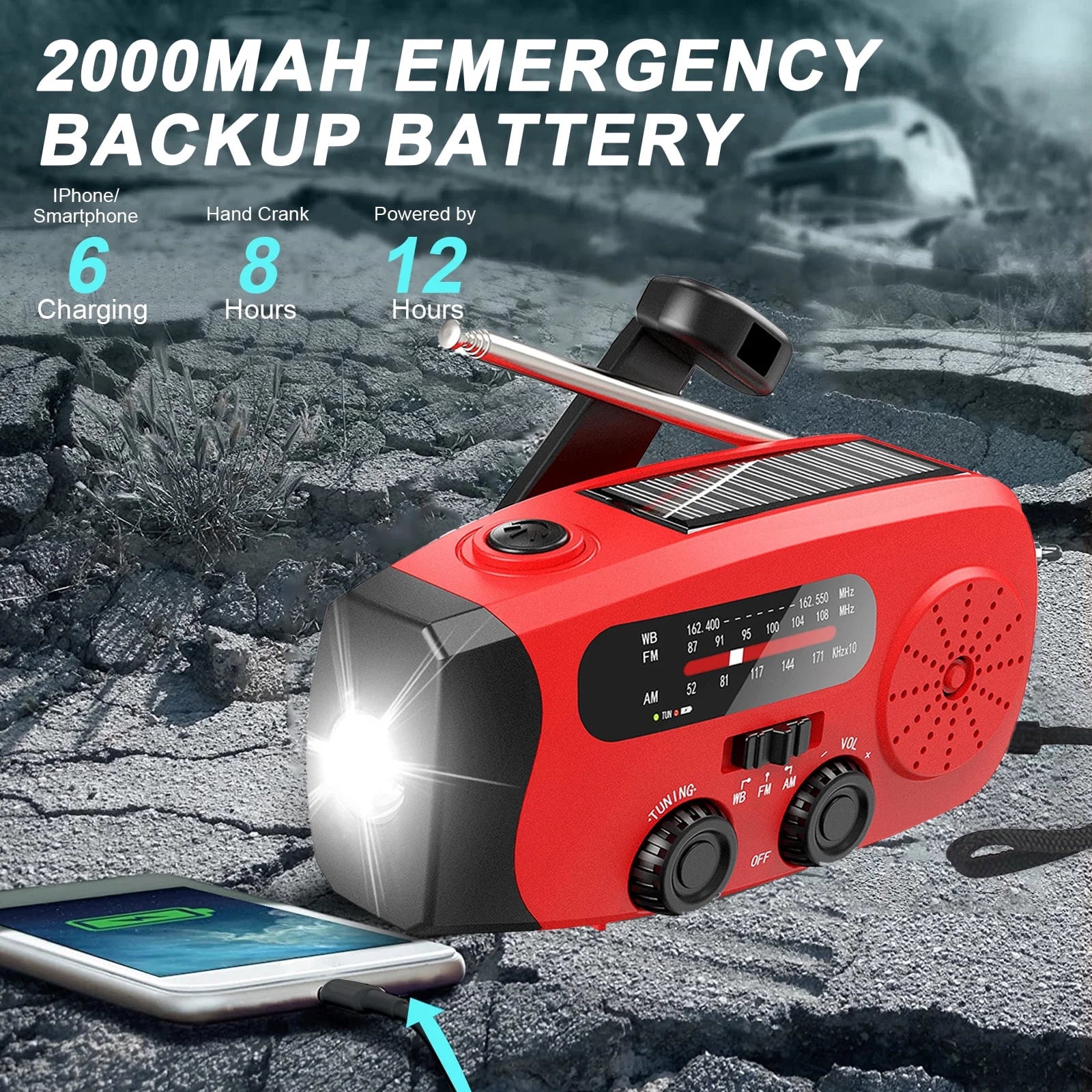 Solar Hand Crank Emergency Radio,  Portable NOAA Weather Radio with AM/FM/WB, 3 LED Flashlight, Power Bank USB Charger, SOS Alarm, Water-Resistant Outdoor Household Emergency Device, Red