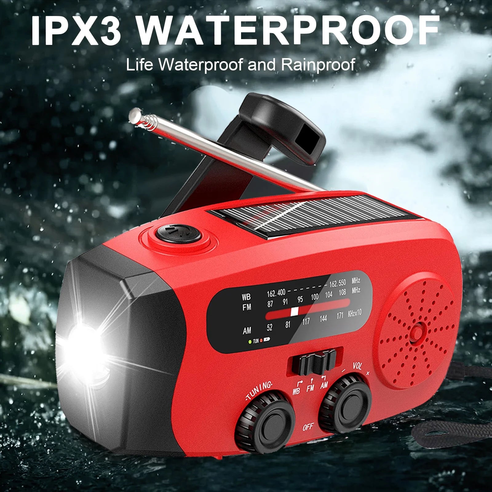 Solar Hand Crank Emergency Radio,  Portable NOAA Weather Radio with AM/FM/WB, 3 LED Flashlight, Power Bank USB Charger, SOS Alarm, Water-Resistant Outdoor Household Emergency Device, Red