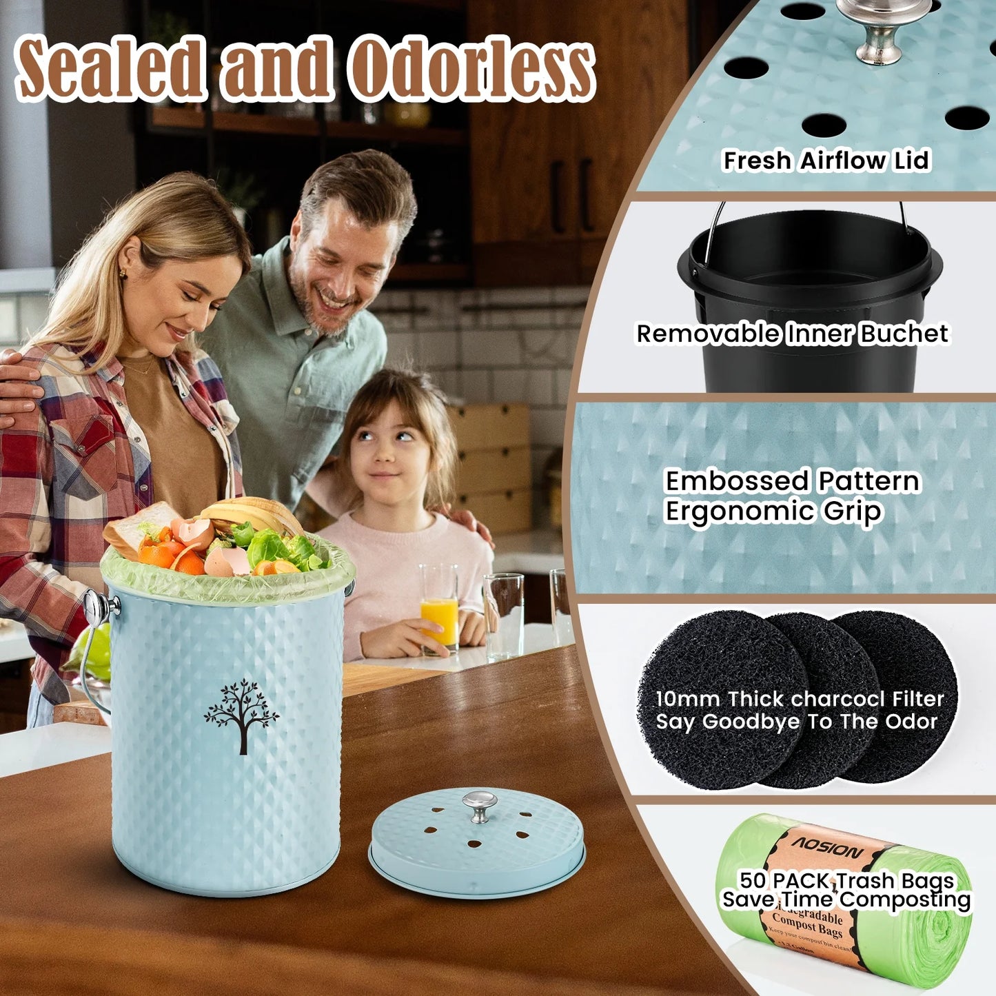 Countertop Compost Bin Kitchen,Odor Resistant Indoor Compost Bin with Lid and Compost Bags,Compost Bucket Composter Container for Food Waste,Blue