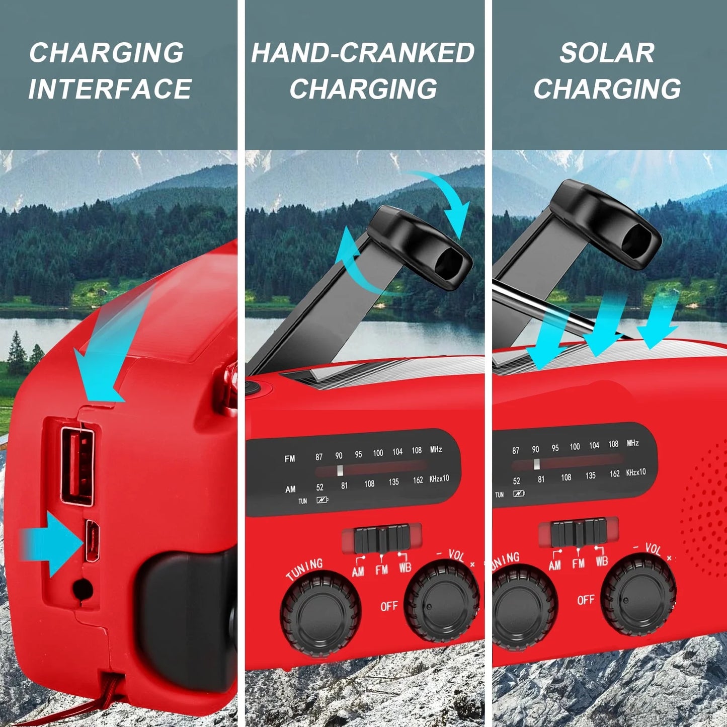 Solar Hand Crank Emergency Radio,  Portable NOAA Weather Radio with AM/FM/WB, 3 LED Flashlight, Power Bank USB Charger, SOS Alarm, Water-Resistant Outdoor Household Emergency Device, Red