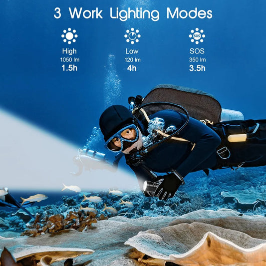 AP01 1050Lm Diving Flashlight with Power Indicator, IPX8 Waterproof Professional USB Rechargable Portable Dive Light