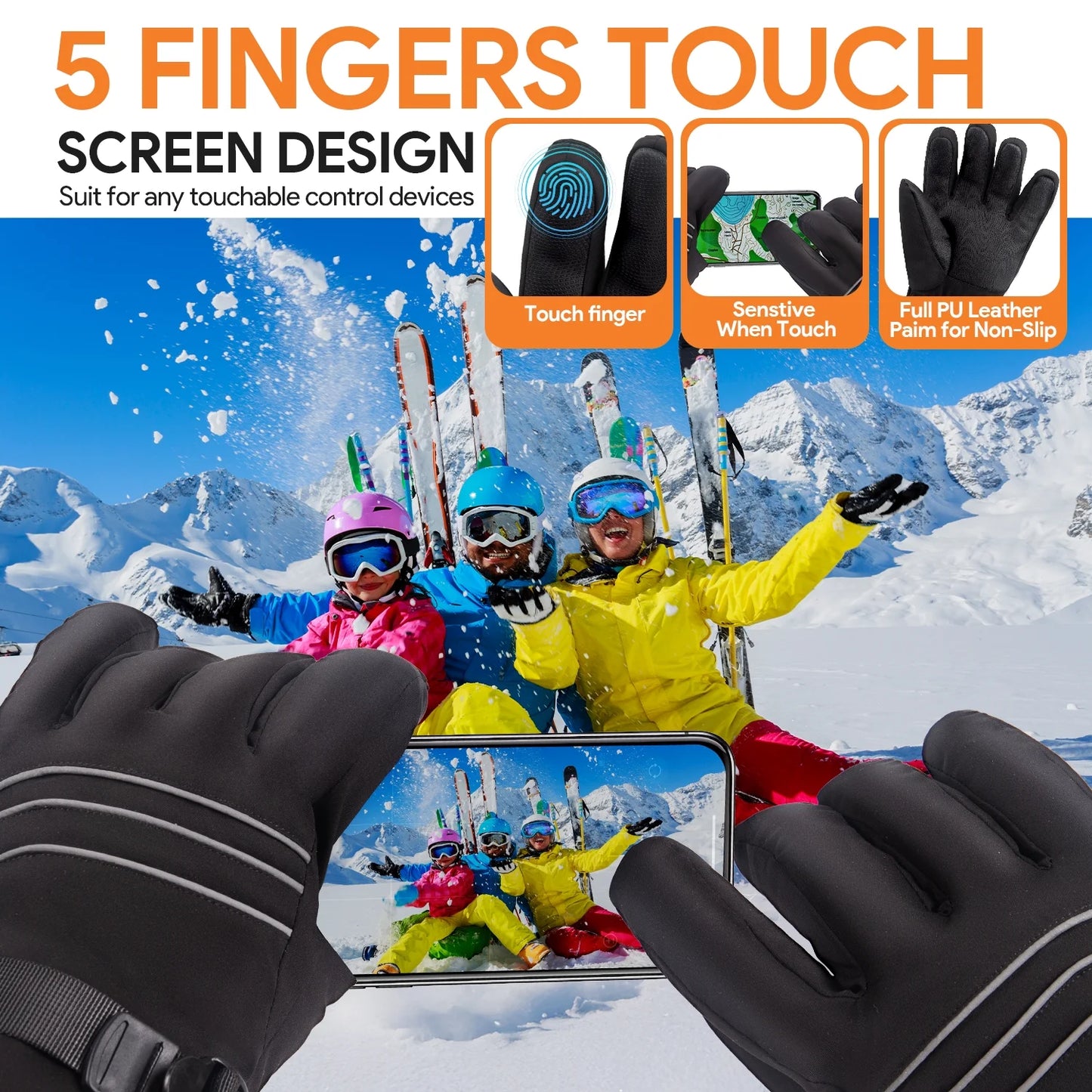 Heated Gloves for Men Women, 3000Mah Rechargeable Electric Battery Heated Gloves, Waterproof Touchscreen Hand Warmer Winter Gloves for Motorcycle, Hunting, Cycling, Black
