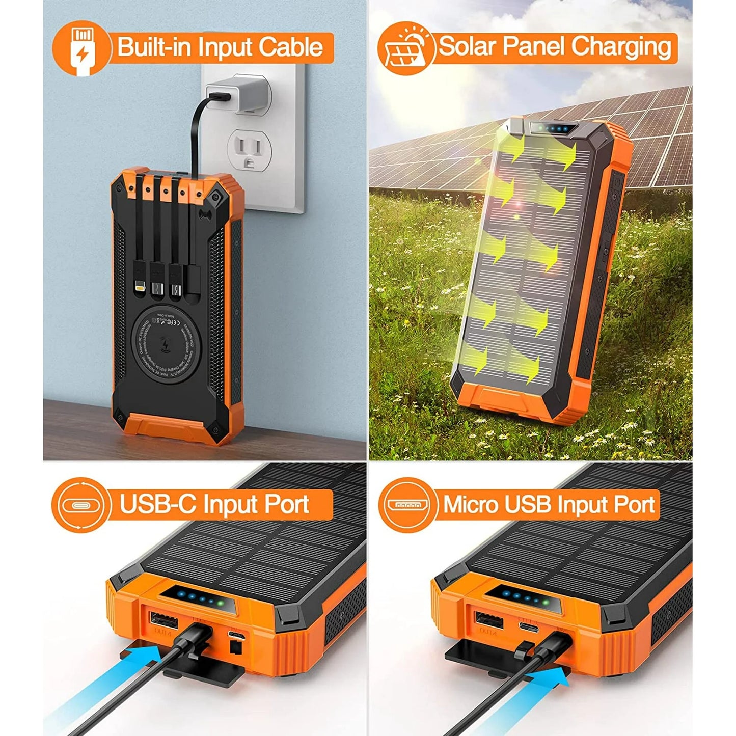 36000Mah Solar Charger Power Bank 15W Fast Charging with 4 Cables & Wireless Charging, USB Battery Pack Solar Phone Charger Compatible for Iphone & Android