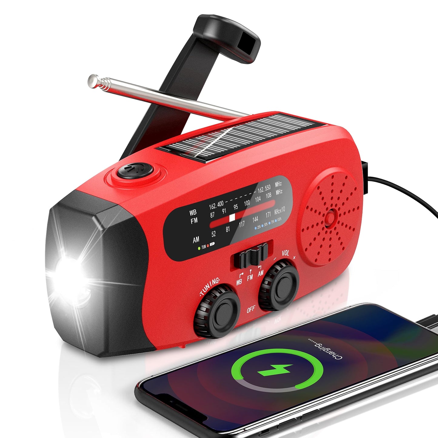 Solar Hand Crank Emergency Radio,  Portable NOAA Weather Radio with AM/FM/WB, 3 LED Flashlight, Power Bank USB Charger, SOS Alarm, Water-Resistant Outdoor Household Emergency Device, Red