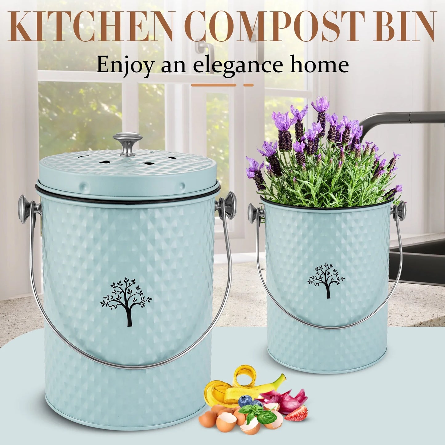 Countertop Compost Bin Kitchen,Odor Resistant Indoor Compost Bin with Lid and Compost Bags,Compost Bucket Composter Container for Food Waste,Blue