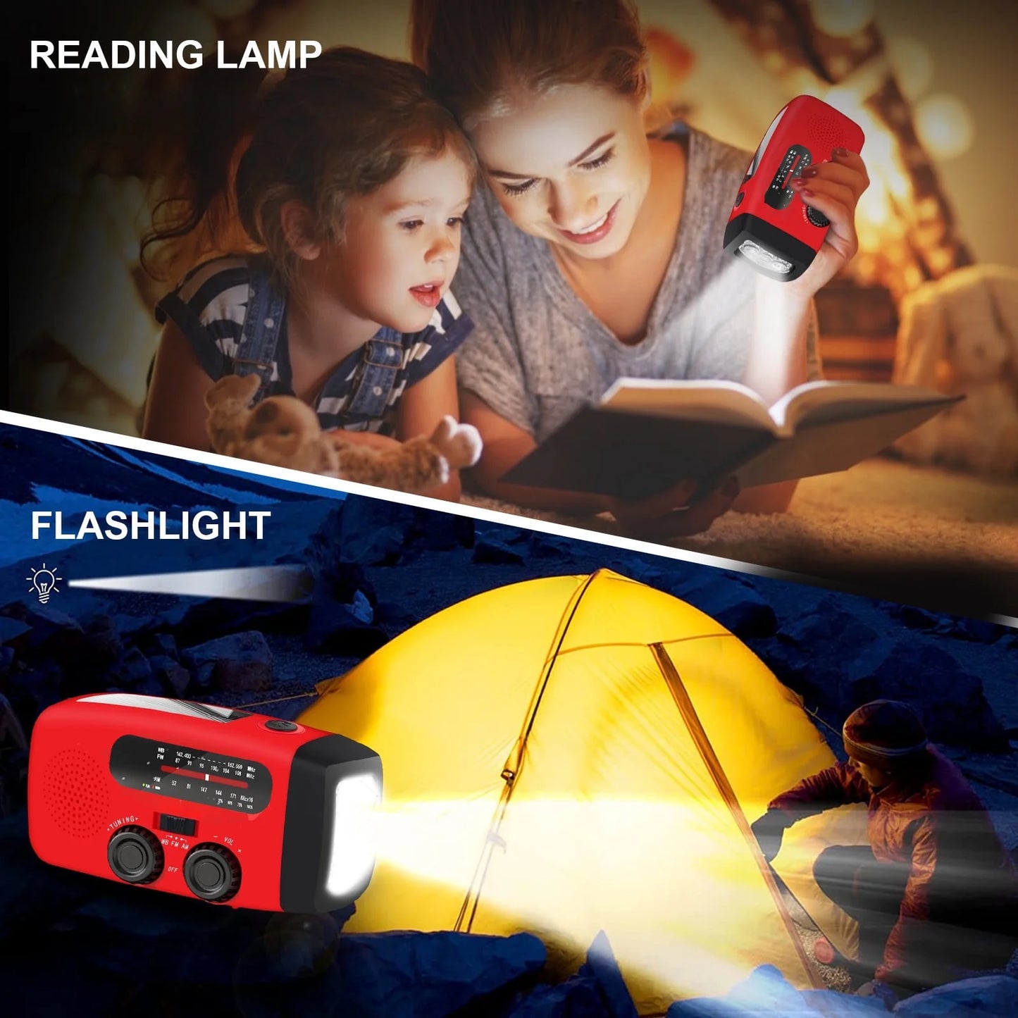 Solar Hand Crank Emergency Radio,  Portable NOAA Weather Radio with AM/FM/WB, 3 LED Flashlight, Power Bank USB Charger, SOS Alarm, Water-Resistant Outdoor Household Emergency Device, Red
