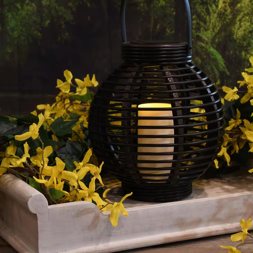 Black Solar Powered Lantern with LED Candle Basket