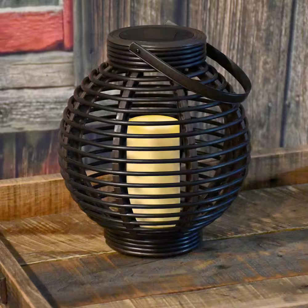 Black Solar Powered Lantern with LED Candle Basket