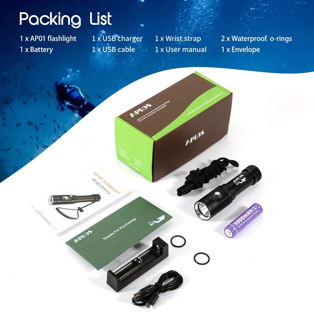 AP01 1050Lm Diving Flashlight with Power Indicator, IPX8 Waterproof Professional USB Rechargable Portable Dive Light