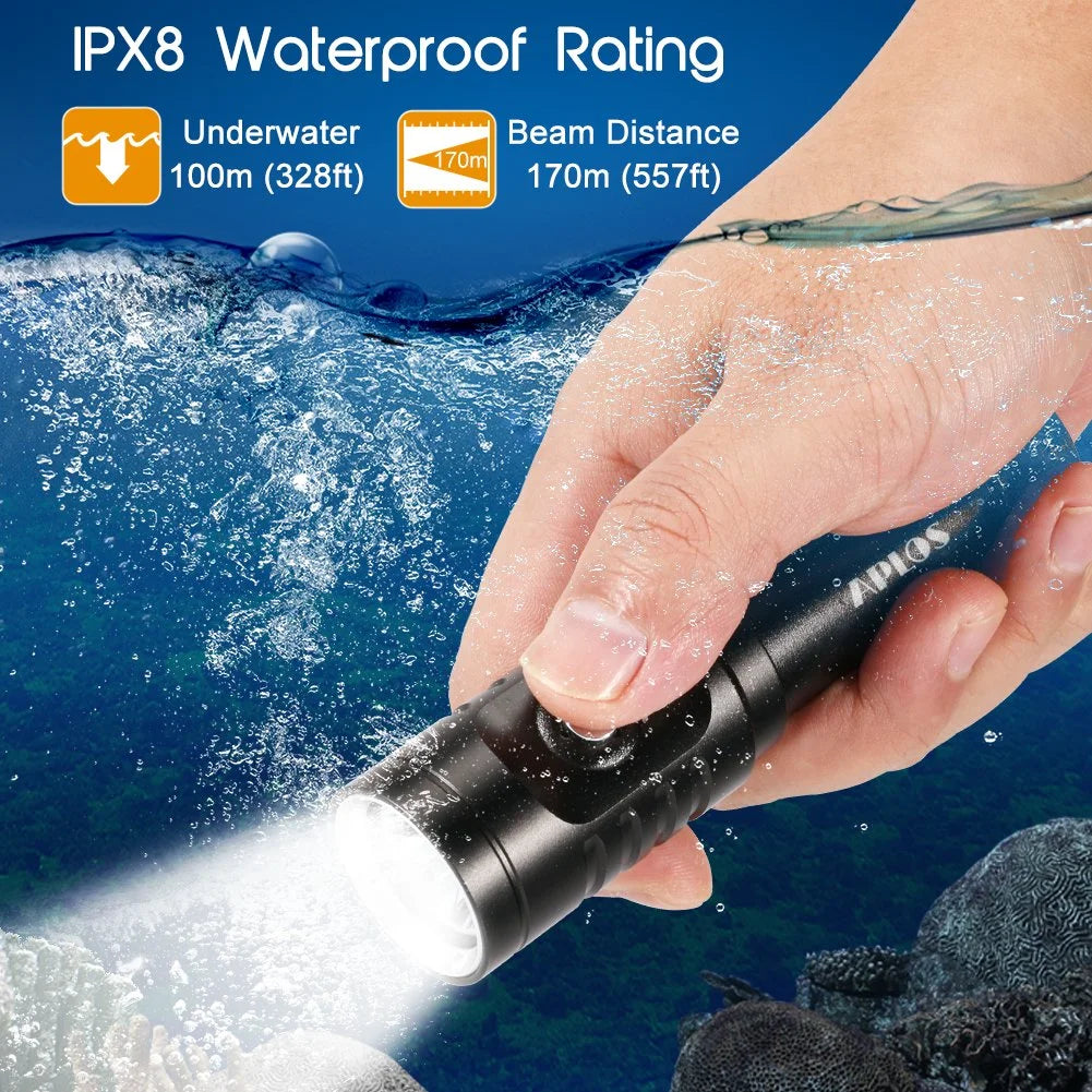 AP01 1050Lm Diving Flashlight with Power Indicator, IPX8 Waterproof Professional USB Rechargable Portable Dive Light