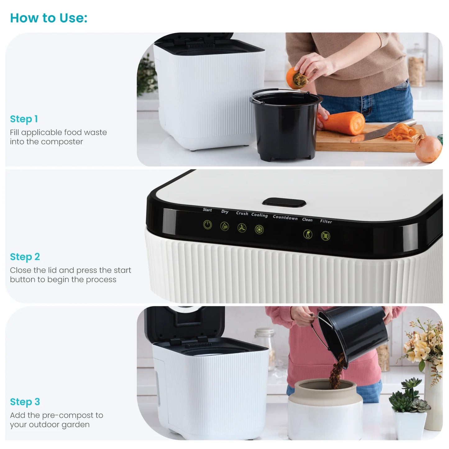 3 Liter White Kitchen Electric Composter Bin, with Auto- Cleaning Cycle