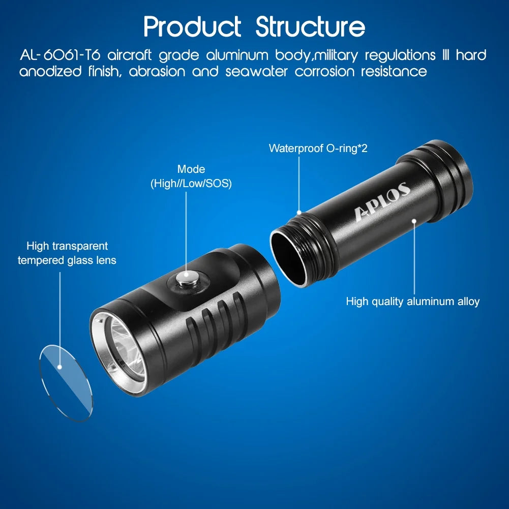 AP01 1050Lm Diving Flashlight with Power Indicator, IPX8 Waterproof Professional USB Rechargable Portable Dive Light